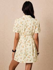 Poéselle Summer Short Sleeve A-Line Waist Cinched Floral Print Mini Dress For Women - Apricot - View 2