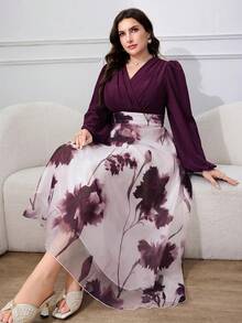 Modelyn 大尺碼女款 2026 春/秋新款優雅度假風燈籠袖拼接花卉下擺收腰洋裝 - 紫色 - 查看 1