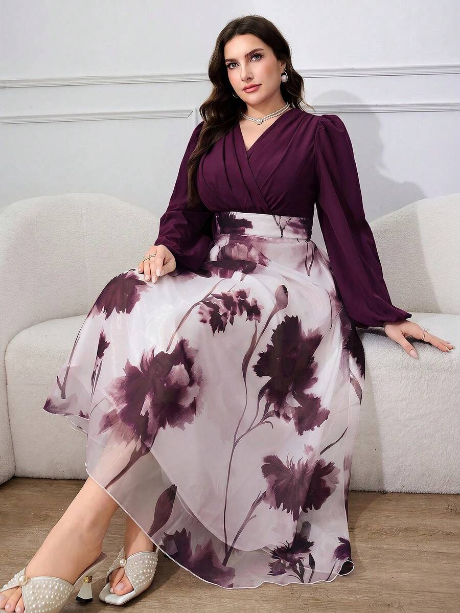 Modelyn 大尺碼女款 2026 春/秋新款優雅度假風燈籠袖拼接花卉下擺收腰洋裝 - 紫色 - 查看 1