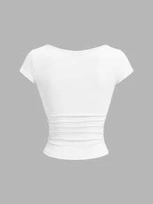 SHEIN EZwear 3件組女款休閒百搭收腰打褶短袖修身T恤，夏季百合印花圖案T恤與素色T恤女上衣套裝 - 彩色 - 查看 5