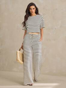 SHEIN Tall Women's Fashionable Versatile Striped Short Sleeve T-Shirt And Drawstring Waist Pocket Long Pants 2 Pieces Set,Summer Outfits For Women - Apricot - View 4