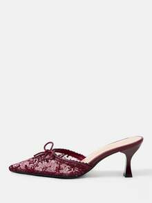 CUCCOO HITCHD Burgundy Lace Bow Pointed Mullers, Thin Heel Empty, Dating Commuter Skinny High Heels - Burgundy - View 8