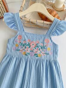 SHEIN LMoss Kids 女童纯色无袖刺绣宽松休闲吊带连体裤 - 藍色 - 查看 4