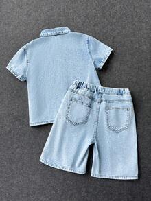 2Pcs Tween Boy Flame Star Pattern Light Blue Denim Loose-Fitting Shirt And Comfortable Denim Shorts - Blue - View 3