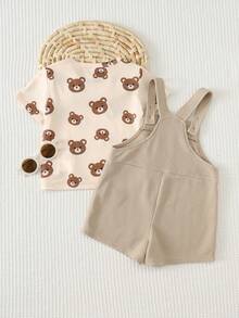 Cozy Pixies 2pcs Baby Boy Cartoon Pattern Knit Soft Crew Neck Short Sleeve Pullover Top And Bib Shorts Set - Multicolor - View 2