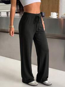 SHEIN EZwear 2条/套 女士黑白系带松紧腰休闲针织裤 - 黑與白 - 查看 9