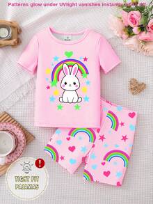 [Random Assortment]Young Girls Pajamas Spring/Summer New Fashion Cute Girls.Rabbit.Mermaid.Cat.Bow Combination Hot-Selling Pattern Print, Knitted Tight Fit High Elastic Fabric Short Sleeve Shorts Pajama Set Tight Fit Pajama (Random Shipment) - Multicolor - View 5