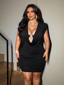 NU&NOW Plus Size Deep V Cowl Neck Ruched Bodycon Mini Dress, Sleeveless Rhinestone Detail Party Club Dress For Women 2026 - Black - View 4