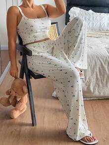 Dazy Plus Plus Size Women Blogger Casual Pajama Set - Ditsy Floral Elastic Fitted Camisole Top & Loose Long Pants - Apricot - View 2