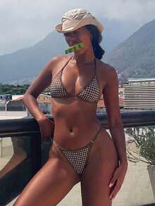 SHEIN BamGlam Women's Plaid Bikini Set - Brown - View 8