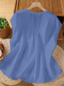SHEIN LUNE CURVE Plus Size Shirt With Shoulder Ruffle Splice, Textured Linen Comfortable Blouse - Blue - View 2