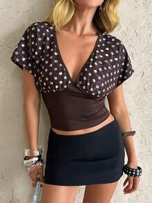 Privoire Camiseta ajustada elegante y esencial para el día a día, de unicolor con parches de encaje para mujer - Marrón - Ver 7