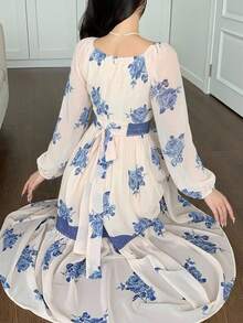 DAZY Contrast Color Lace Full Floral Print Mid-Length Dress For Women Sundress - Aqua Blue - View 2