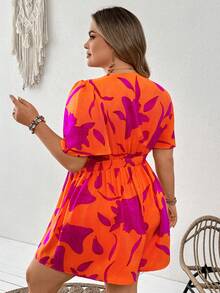 SHEIN CURVE+ Plus Size Women's Holiday Island Romantic Orange And Pink Color Blocked Printed Tie Front Bow Short Sleeved Loose Cut Jumpsuit South Beach Women's Summer Women's Summer Women's European Summer Suits Women's Cute Summer Beach Wear Bohemian Women's Wear Pretend Women's Wear Pretend Women's Wear Pretend Women's Hip-Hop Wear Women's Easter Wear Women's Carnival Wear Country Concert Wear Nashville Wear Ibiza Wear - Multicolor - View 2