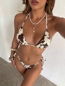 Aloruh 女款春夏新款泳衣，夏季服飾，復古牛紋掛脖三角杯比基尼上衣搭配側綁帶泳褲，4件式比基尼套裝 - 彩色 - 查看 4