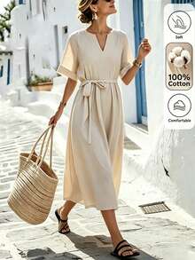 EMERY ROSE Women's Textured Solid Color V-Neck Tie Waist Vacation Dress - Khaki - View 5