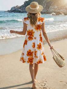 SHEIN Holidaya 女款新款優雅性感洋裝，適合辦公室、休閒、海灘、通勤、浪漫派對、生日、音樂會、情人節、嘉年華等場合；女款夏季新款V領荷葉邊無袖對比色印花短洋裝，荷葉邊下擺洋裝、荷葉邊洋裝、吊帶洋裝、寬鬆洋裝、女款度假洋裝、V領印花洋裝、花卉印花洋裝、對比色印花洋裝、可愛洋裝 - 橘色 - 查看 2