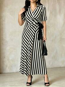 Roveilla Plus Size Women Striped Wrap Long Spring/Summer Short Sleeve Dress - Black and White - View 6