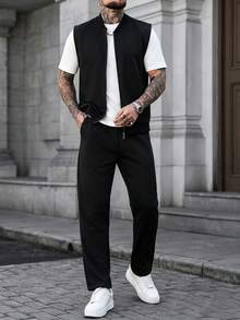 Manfinity Homme 男士休闲日常通勤简约纯色拉链背心外套和裤子套装，适合春、夏、秋季穿着。 - 黑色 - 查看 4