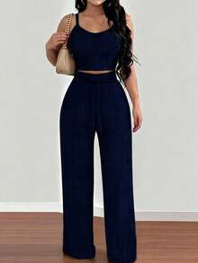 EMERY ROSE 2pcs Floral Print Camisole Top And Elastic Waist Wide Leg Pants Set For Women - Navy Blue - View 3