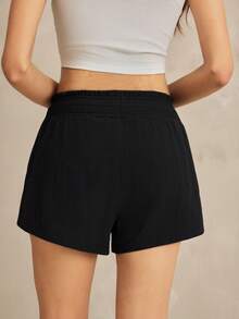 SHEIN Tall Women's Casual Drawstring Waist Slant Pocket Solid Color Shorts, Versatile For Daily Commute, Summer Comfy - Black - View 2