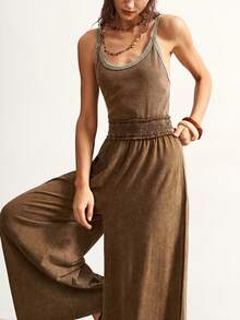 Bohemela Women's Casual Solid Color Knit Jumpsuit, Spring/Summer Resort - Brown - View 5