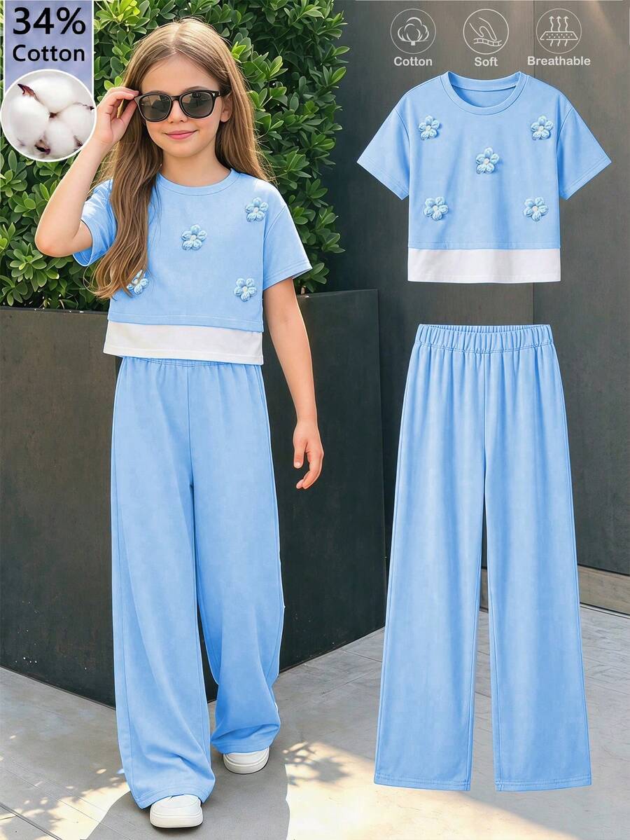 SHEIN 2件套女童碎花印花T恤和高腰纹理阔腿裤套装