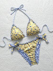 Soleia Plus Size Women Vintage Yellow Leopard, Zebra, Floral Print Ruffle Tie Front Tassel Decor Beach Bikini Set Summer - Multicolor - View 3