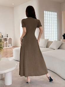Feyla Women's Fashionable Elegant Cute Bow Zip-Up Waist Cinched Mid-Length Dress Date Night Shades Of Brown Summer - Khaki - View 2