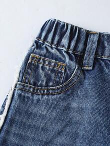 Genkimix Kids Denimly 青少女刺繡破洞直筒牛仔褲，休閒時尚學院風淺色水洗藍布料，不對稱破洞設計，高腰 - 藍色 - 查看 7