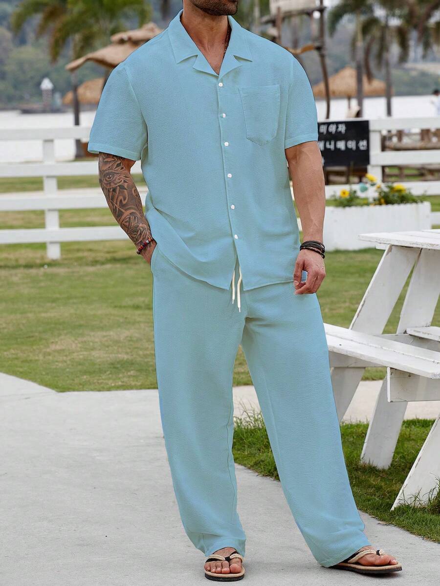 Manfinity RSRT Plus Size Men's Casual Solid Color Front Button Polo Shirt And Shorts Set, Summer - Baby Blue - View 1