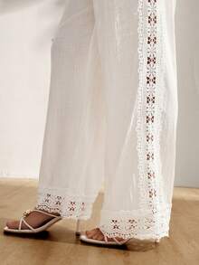 GentleRue Maternity Quần bầu ống rộng 100% cotton, phối ren, cạp chun, dáng rộng, nhẹ nhàng cho mùa hè, phong cách thanh lịch thường ngày. - trắng - Xem 7