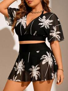 SHEIN Swim Curve بدلة سباحة قطعتين من الشبك مع طبعة أوراق النخيل ذات الياقة العميقة للنساء كبيرات الحجم، مخففة وملائمة، بطراز عطلة - متعدد الألوان - مشاهدة 5
