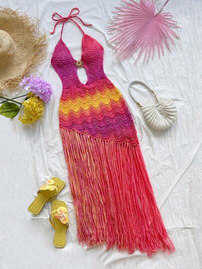 Soleia Sexy V-Neck Metal Decor Fish Scale Knit Gradient Fringe Mini Dress, Suitable For Date, Afternoon Tea, Beach, Cruise, City Vacation, Music Festival, Party, Boho, Hippie, Western Style, Can Be Worn Inside Or Outside, Suitable For All Seasons