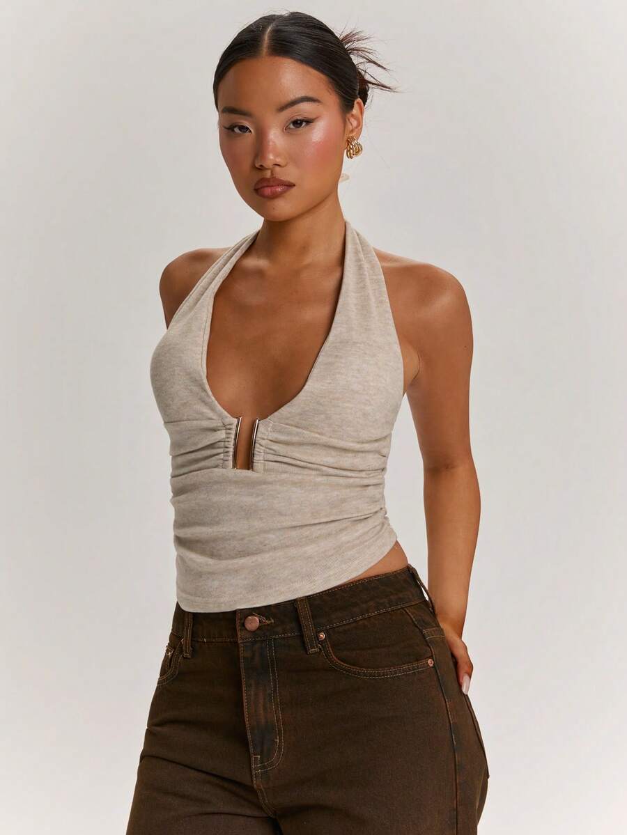 SHEIN BAE Women's White Summer Sexy Chic Club Golf Night Metal Button Backless Camisole Textured Knit Top Party Outgoing Cashmere Sweater Cute Top - Brown - View 1