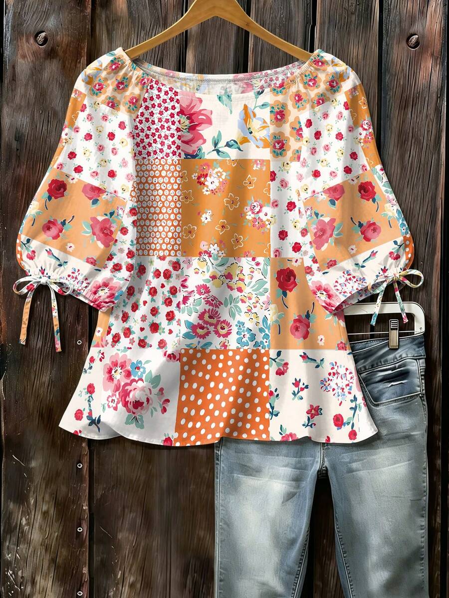 EMERY ROSE Patchwork Design White Print Round Neck 3/4 Sleeve Woven Shirt Vacation Autumn 90s - Multicolor - View 1