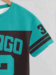 2pcs/Set Boys' Casual Streetwear Chicago Number 32 Striped Green Black Graphic Tee And Shorts Set,Summer City Break Fashionable Chic Daily Outfit - Multicolor - View 5