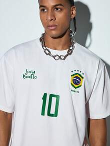 Modcrash Men's Graphic T-Shirt, Retro Brazil Football Jersey - Legendary Number 10, Casual Football Fan Outfit, Football Shirt, 100% Polyester Breathable Knit Fabric, Regular Fit Round Neck Design - White - View 6