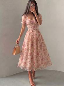 Modelyn Petite 女士春夏编织镂空腰部A字优雅浪漫花瓣袖中长连衣裙 - 彩色 - 查看 4