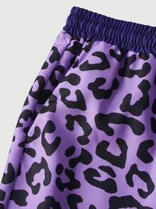 ROMWE MEN Prep Herren Leopardenmuster Denim Kordelzug Taille Tasche Lässig Shorts - Violett - Übersicht 3