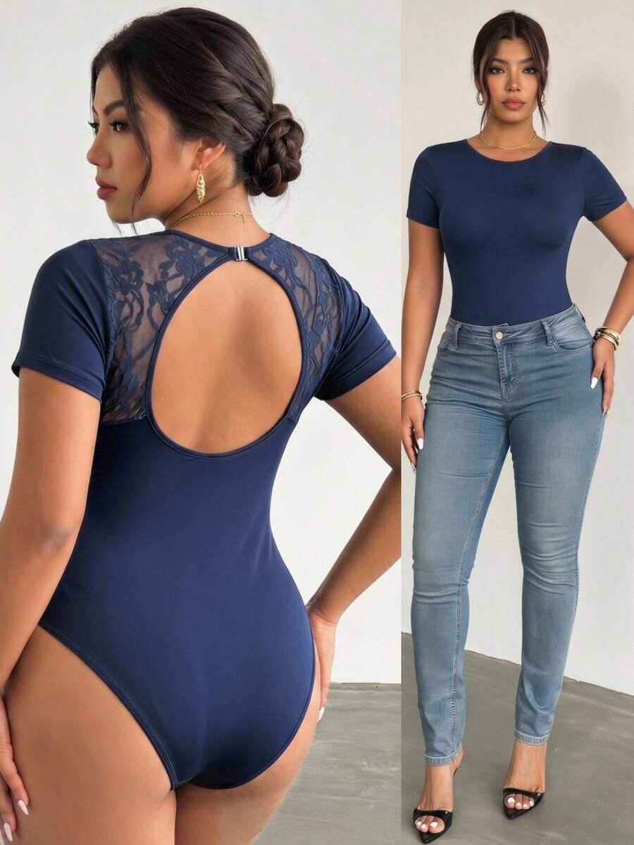 SHEIN BASICS Plus Size Solid Color Lace Patchwork Hollow Out Bodysuit Gym Brown Summer - Navy Blue - View 1