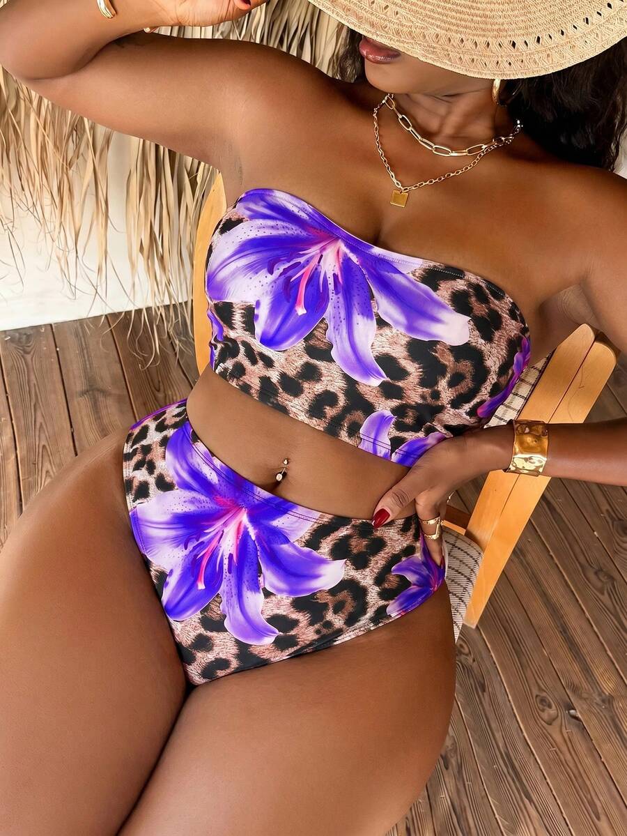 Slaydiva Set Bikini Wanita Ukuran Besar Motif Leopard Musim Panas Baru 2026, Motif Bunga Tropis Acak, Warna Putih untuk Liburan - MultiWarna - View 1