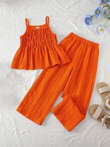 SHEIN Elladie kids 少女纯色褶皱吊带背心和裤子休闲日常穿搭 - 橘色 - 查看 8