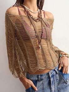 Bohemela Áo len dệt kim nữ phong cách Bohemian, tua rua, cắt rỗng, gợi cảm, đa năng - Màu Khaki - Xem 4