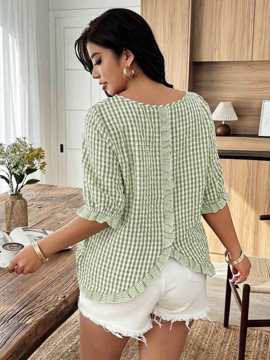 Weeklong Plus Size Women's Spring/Summer Casual Round Neck Puff Sleeve Ruffled Plaid Loose Blouse - Multicolor - View 1