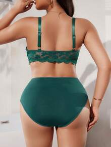 SHEIN Plus Bộ đồ lót ren hoa sò điệp và quần lót - Màu xanh lá cây đậm - Xem 2