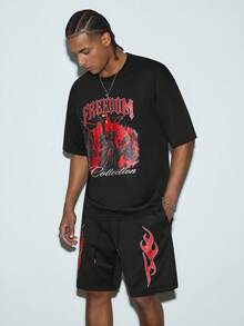 Modcrash Conjunto de 2 piezas de camiseta gráfica de estilo liberty y pantalones cortos con llamas de estilo urbano y hip hop para hombres - Negro - Ver 3