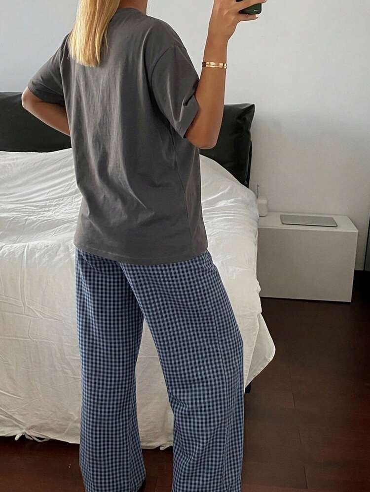 Women's Letter Print Pocket Short Sleeve Top And Plaid Pants Pajama Set