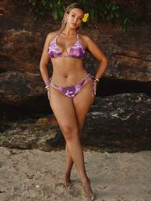 SHEIN BAE 大尺碼女款夏季海灘花卉印花掛脖綁帶性感比基尼泳衣套裝 - 彩色 - 查看 3