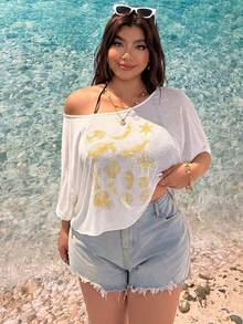 SHEIN EZwear 大尺碼女款海星印花不對稱單肩白色休閒T恤 - 鵝黃色 - 查看 7